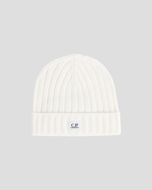 Extra Fine Merino Wool Logo Beanie Gauze White