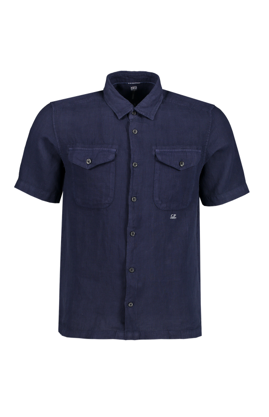 Cp Company Short Sleeve Logo Linen Shirt In Medieval Blue