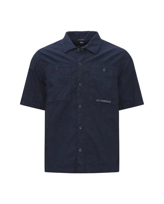 Cp Company Rip-Stop Embroidered Logo Short Sleeve Shirt in Navy