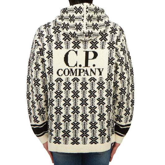 Cp Company V01 Wool Jacquard Logo Hooded Knit In Black